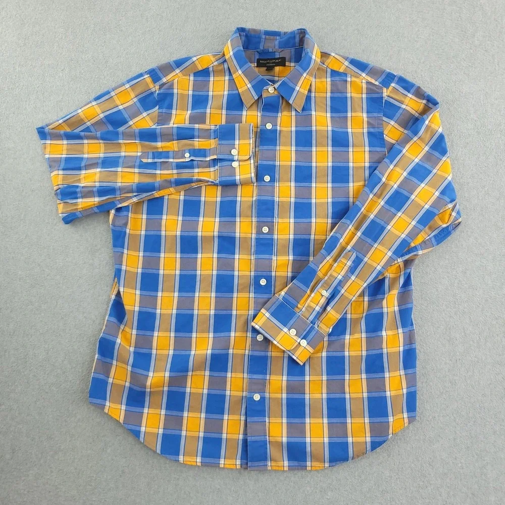 Banana Republic Shirt Mens XL Blue Yellow Plaid Long Sleeve Button Up Slim Fit